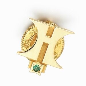 VTG 14K Gold Hilton Hotel Logo Lapel Pin 1966–1977 Leavens Mfg Green Topaz 1.52g